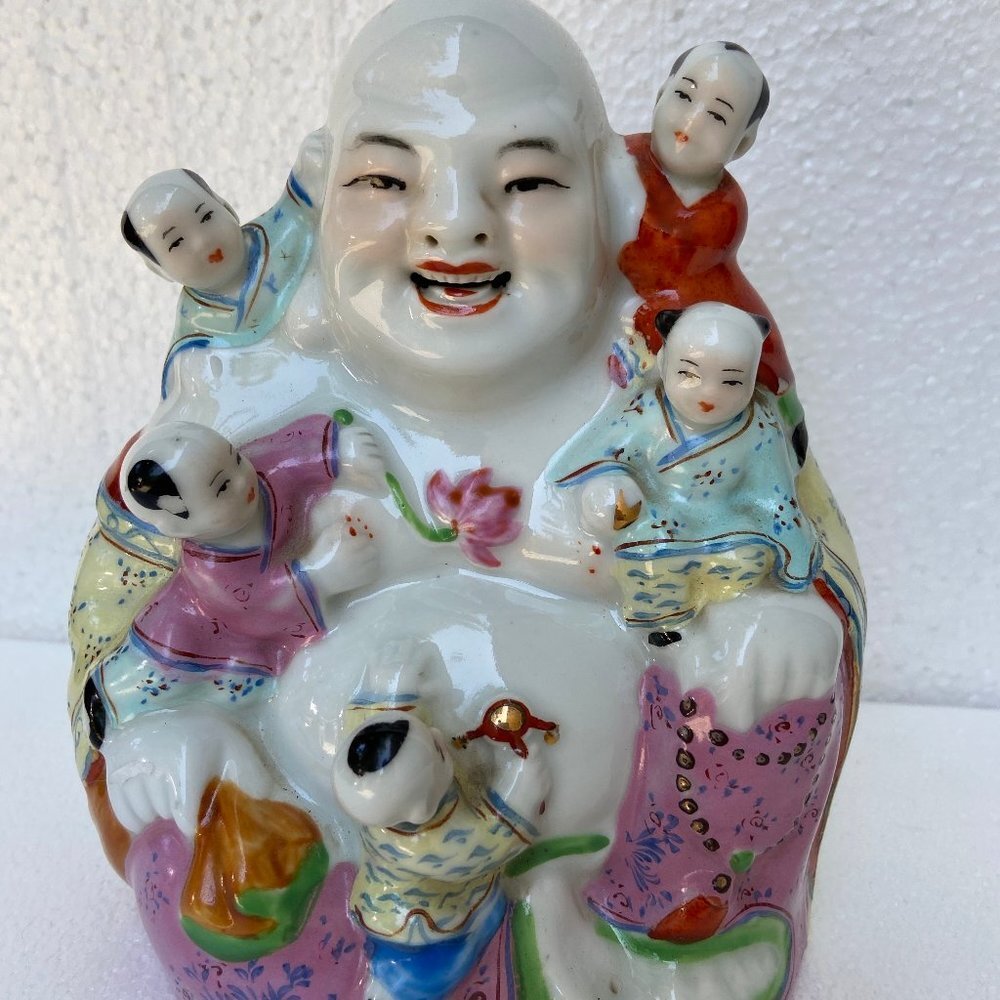 Vintage Chinese Asian  Happy Buddha 5 Children